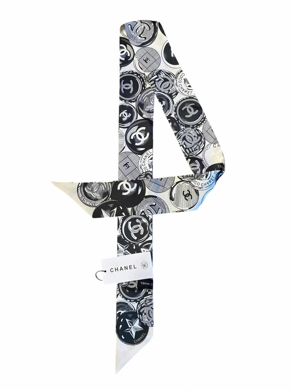 ChaneI. Ivory and Black Logo CoinTwilly , Hair, Muffler Scarf 100% Silk